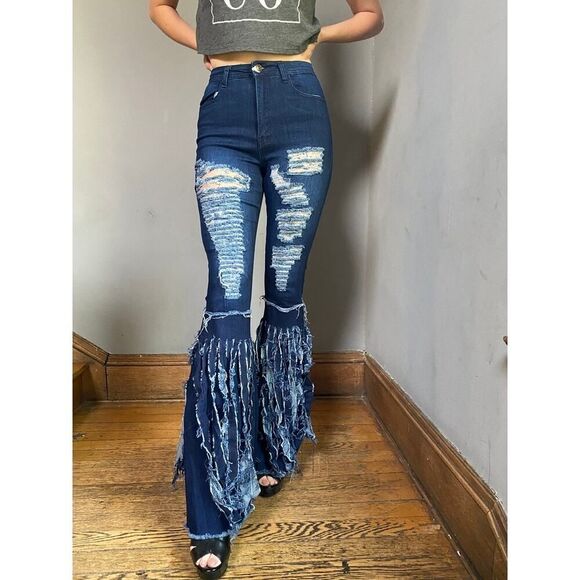 Bell Bottom Jeans Distressed Flared 1970s 70s Hippie - Size Small - Picture 1 of 5